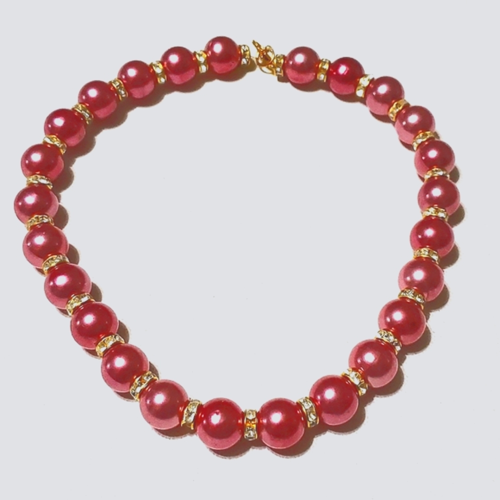 K9 Couture Pink Pearl Necklace   Gold Crystals 17'